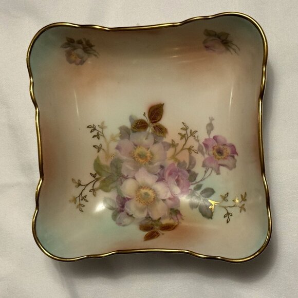 Vintage SCHUMANN ARZBERG Wild Rose Square Bowl Candy Trinket Dish Gold Trim - Picture 7 of 12